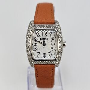 Folli Follie Watch Women 25MM‎ Gray Dial Date Orange Leather Bands New Battery